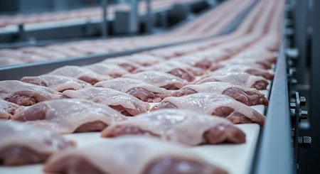 Rows of raw chicken thighs are aligned on a white conveyor belt in a food processing plant. The conveyor belt is gray metal.の素材