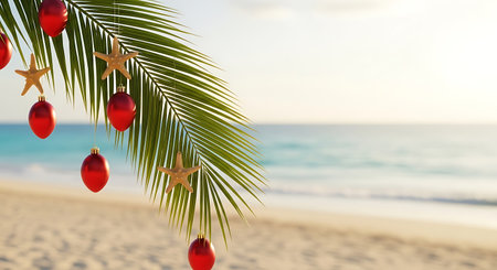 A palm frond decorated with red Christmas ornaments and starfish hangs over a sandy beach with a turquoise ocean in the background.の素材