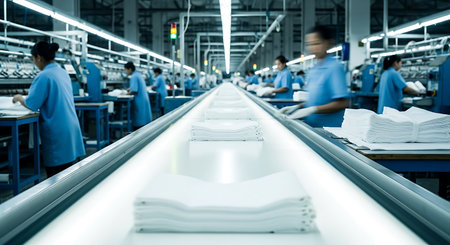 Textile factory interior showing workers in blue uniforms along a conveyor belt carrying stacks of folded white fabric. The scene depicts a busy industrial setting with a focus on mass production and repetitive work.の素材