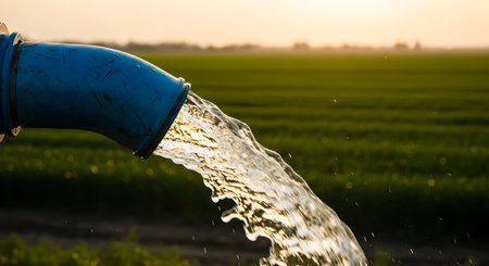 Water flows from a blue plastic pipe onto a green field at sunset. The water is clear and reflects sunlight. The field is a rural landscape.の素材