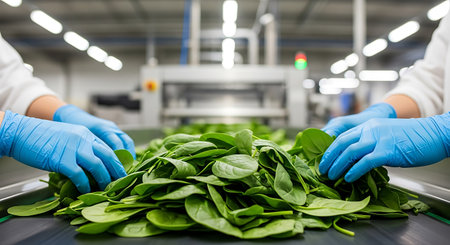 Two workers wearing blue gloves sort spinach on a conveyor belt in a food processing plant. The spinach is bright green. The background shows machinery and lights.の素材