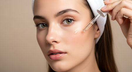 Woman applying facial serum with a dropper to her face. She has a white headband and green eyes, and the background is light brown.の素材