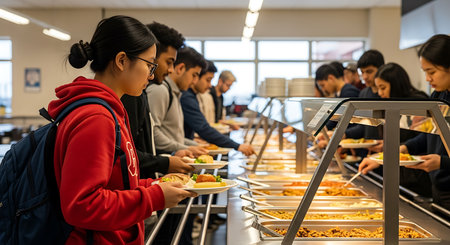Students stand in line at a school cafeteria, filling their plates from a food service line. The diverse group of students are at a college or high school. Stainless steel trays hold various food options.の素材