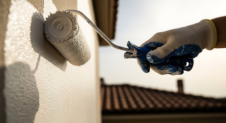 A gloved hand holds a paint roller applying white paint to an exterior wall. The roller leaves a textured coating on the surface. A roof is visible in the background.の素材
