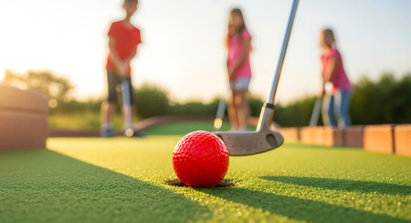 A red golf ball is sinking into the hole on a green miniature golf course. Three children are blurred in the background, playing mini golf in the sunlight.の素材