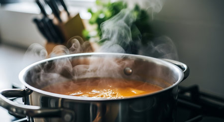 A stainless steel pot filled with orange soup sits on a gas stove, with steam rising from the hot liquid. A blurred background shows a knife block and herbs.の素材