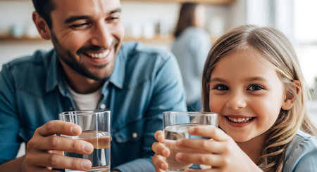 A smiling father and daughter are holding glasses of water indoors. The father is wearing a blue shirt and the daughter has blonde hair. They both appear happy and healthy.の素材