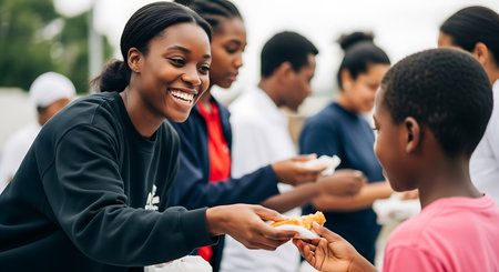 A smiling black woman in a dark sweatshirt is handing a piece of food to a child in a pink shirt. Other people are in the background, some holding food. The scene is outdoors in daylight.の素材