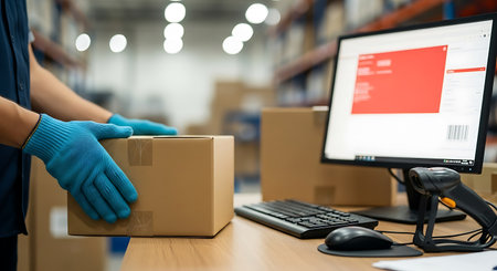 A warehouse worker wearing blue gloves handles a cardboard box on a wooden desk. A computer monitor, barcode scanner, keyboard, and mouse are also visible on the desk. The background shows blurred warehouse shelves.の素材