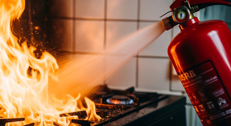 A red fire extinguisher sprays a white mist onto orange flames erupting from a black gas stove in a kitchen setting. White square tiles are visible in the background.の素材