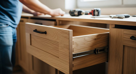 Light wood kitchen cabinet drawer open with a black handle. A man in a blue shirt and jeans stands near the countertop with tools including a drill, screwdriver, and hammer.の素材
