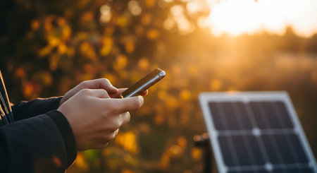 Person using a smartphone outdoors near a solar panel during sunset golden hour. The background is blurred with warm autumnal colors.の素材