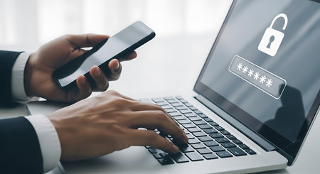 A person in a suit types a password on a laptop while holding a phone in their left hand. The laptop screen displays a password entry field and an unlocked padlock icon.の素材