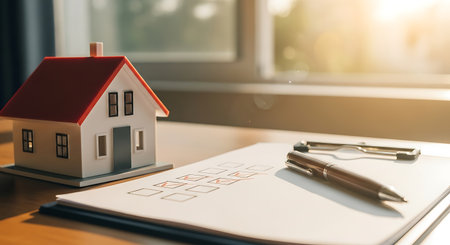 A miniature house model with a red roof and white walls sits on a wooden desk next to a clipboard with a checklist. Several boxes on the checklist have red check marks. A brown pen rests on the clipboard. A window provides bright sunlight in the background.の素材