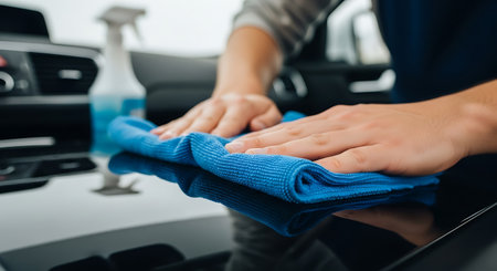 Hands are wiping a black car surface with a blue microfiber cloth. A spray bottle is visible in the background. The dashboard and interior details are also visible.の素材