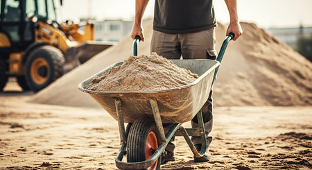 A man in a dark t-shirt and khaki trousers pushes a wheelbarrow filled with sand at a construction site. An excavator and a pile of sand are visible in the background.の素材