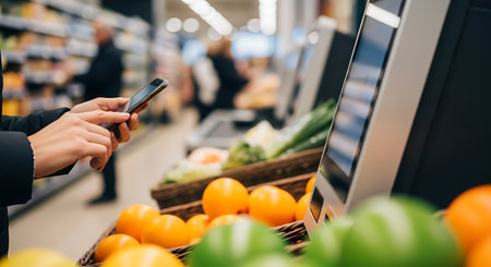 Supermarket showing person using phone at supermarket self checkout with oranges and peppers. High resolution image suitable for commercial use. Clear details and vibrant colors enhance visual appeal.の素材