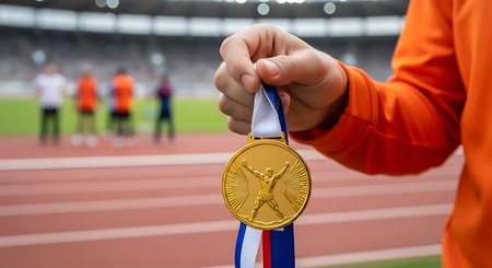 A hand holds a gold medal with a ribbon in front of a running track and stadium background. The medal is gold with a figure of an athlete on it. The ribbon is white blue and red. The hand is wearing an orange shirt.の素材