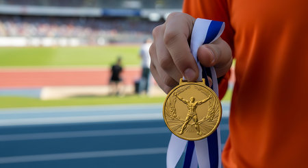 A hand holds a gold medal with a blue and white ribbon. The background shows a stadium with a track and field. The person is wearing an orange shirt.の素材