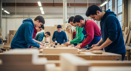 A group of people are working with wood at a long table in a workshop. They are using tools to craft and construct wooden objects. The setting is an indoor workshop with bright lighting.の素材