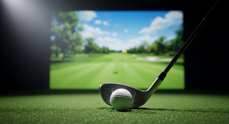 A golf ball sits on green turf, positioned in front of a golf club. A screen in the background displays a simulated golf course with a green field, trees, and a blue sky.の素材