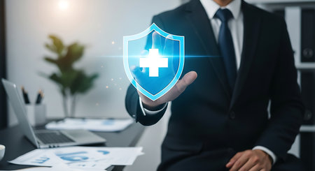 A businessman in a dark suit holds a blue shield with a white cross in his hand. The shield appears to be a digital overlay. The background shows an office setting with a desk, laptop, documents, and charts.の素材