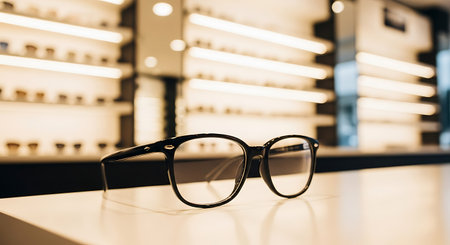 Black framed eyeglasses sit on a cream colored counter in an optical store. Shelves of eyewear displays are visible in the background, illuminated by warm lighting.の素材