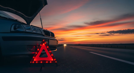 Car with its hood open parked on the side of a road at sunset. A red warning triangle is placed in front of the car. The sky is filled with orange and red clouds.の素材