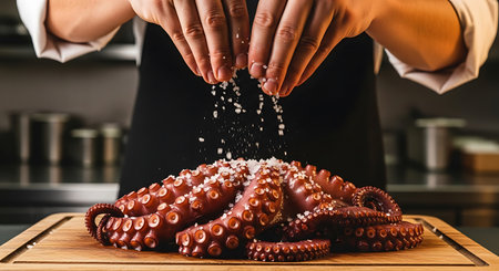 A close-up shot shows a chef's hands sprinkling salt onto a cooked octopus placed on a wooden cutting board in a kitchen setting. The octopus is brown, and the salt is white. The chef wears a black apron.の素材