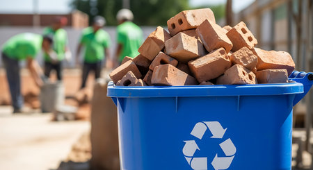 A blue recycling bin is filled with red bricks. In the background, workers in green shirts are working on a construction site.の素材