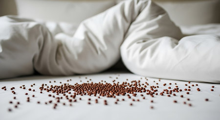Brown rodenticide pellets are scattered on a white bed sheet near fluffy white pillows. The pellets are small and round, spread across the surface of the bed.の素材