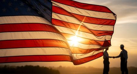 An American flag waves in the foreground, backlit by the setting sun. In the background, two silhouetted figures are shaking hands.の素材