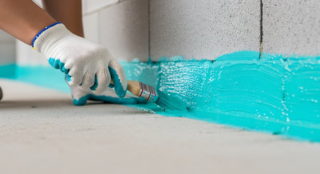 Applying turquoise waterproofing paint to a concrete block wall with a gloved hand and brush. The paint is being applied to the base of the wall where it meets the concrete floor.の素材
