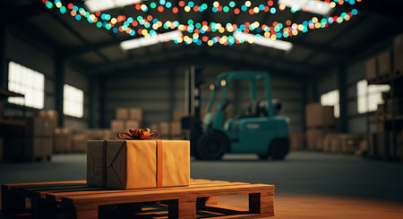 A wrapped gift box sits on a wooden pallet in a warehouse. A teal forklift is blurred in the background. Colorful string lights hang from the ceiling.の素材