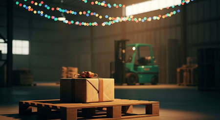 A wrapped gift sits on a wooden pallet in a warehouse. A green forklift is visible in the background, along with colorful Christmas lights strung overhead.の素材