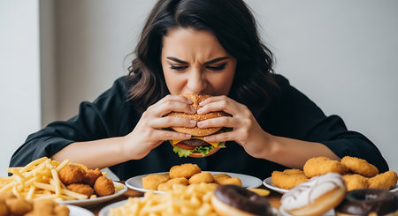 A brunette woman in a black shirt is shown eating a burger with both hands. Plates of French fries, chicken nuggets, and donuts surround her on the table.の素材