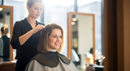 A woman with blonde hair smiles as a stylist styles her hair in a salon. The woman wears a gray cape and the stylist wears a black shirt. A mirror is visible in the background.の素材