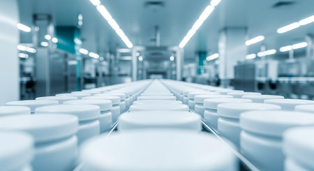 Rows of white plastic jars with lids move along a conveyor belt inside a pharmaceutical factory. The scene shows a clean, sterile environment in shades of blue and teal.の素材