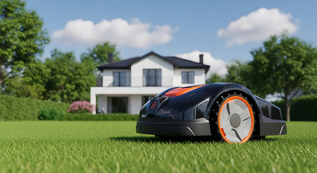 A black and orange robotic lawn mower sits on a lush green lawn. A modern white house with a black roof is visible in the background, along with trees and a blue sky with clouds.の素材