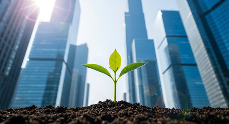 A small sprout with three green leaves grows from dark soil. In the background, tall blue glass skyscrapers rise against a bright sky with sunlight.の素材