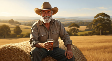 A smiling farmer with a white beard and cowboy hat sits on a hay bale in a golden field. He holds a glass of beer. A rural landscape with trees and hills stretched into the background.の素材