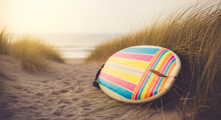 A colorful striped surfboard remains on a sandy beach path, surrounded by dune grass. The ocean is visible in the background under a bright sky.の素材