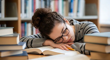 A student with glasses is sleeping on an open book at a desk in a library. A pencil remains on the open pages. Stacks of books are visible on the desk. A bookshelf filled with books is in the background. The student has brown hair in a bun and wears a gray and black striped sweater.の素材