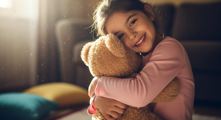 A smiling girl in a pink shirt hugs a brown teddy bear. Sunlight streams into the room, creating a warm and cozy atmosphere.の素材