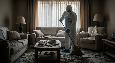 Person in a white hazmat suit with blue gloves and shoe covers sweeping debris in a damaged living room. The room contains a sofa, chair, table, and lamps. Debris is scattered throughout the room.の素材