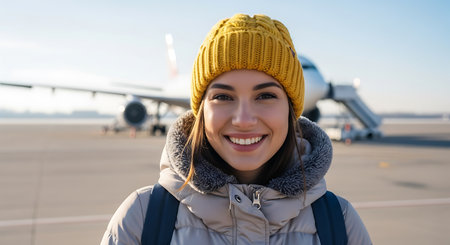 A smiling woman wearing a yellow knit cap and winter coat stands on the tarmac at an airport. An airplane is visible in the background with boarding stairs. The sky is blue and the scene is sunny.の素材