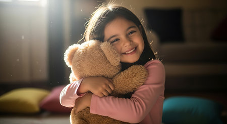 A smiling girl with brown hair hugs a brown teddy bear indoors. Sunlight streams into the room. She wears a pink shirt and embraces the plush toy with affection.の素材