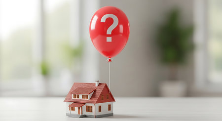 A miniature white house with a red roof is tethered to a red balloon with a white question mark. The scene is set on a white table against a blurred background of a window and plants.の素材