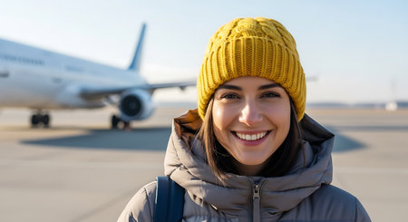 A smiling woman in a yellow knit hat and winter coat stands near an airplane on the tarmac. The background is bright and sunny with a blue sky.の素材