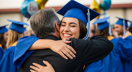 A smiling female graduate in a blue gown and cap embraces her father at a graduation ceremony. She is hugging him tightly with her eyes closed. Other graduates and balloons are visible in the background.の素材